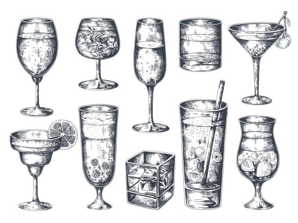 handgezeichnete cocktails. gläser mit alkoholischen getränken tonic und limonade, martini gin rum und tropischen getränken. vektorisolierte skizze - tonic water stock-grafiken, -clipart, -cartoons und -symbole