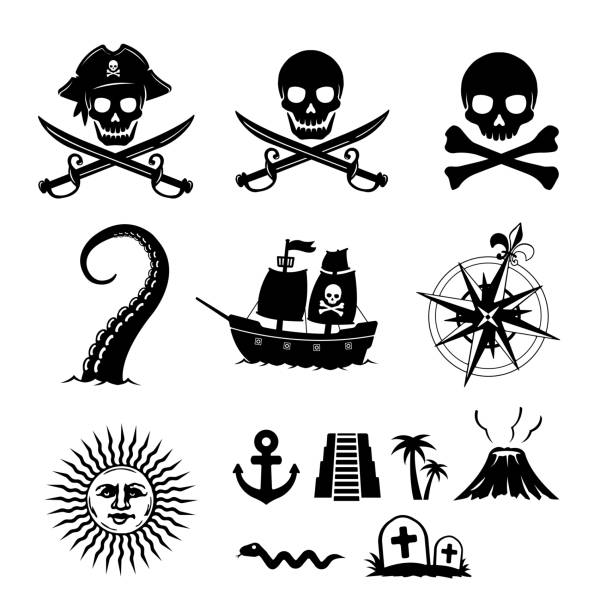 пиратский плоский набор иллюстраций (череп, якорь, вулкан, корабль, компас, солнце, кракен и т.д.) - tattoo sea symbol nautical vessel stock illustrations