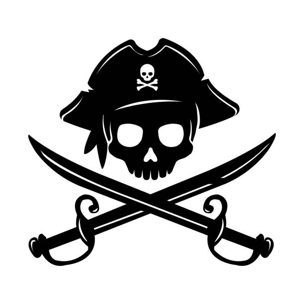 пиратская иллюстрация эмблемы черепа с скрещенными саблями. - sword stock illustrations