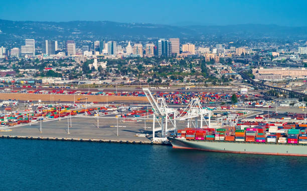 istock Oakland Harbor port terminal with shipping containers 1159855659