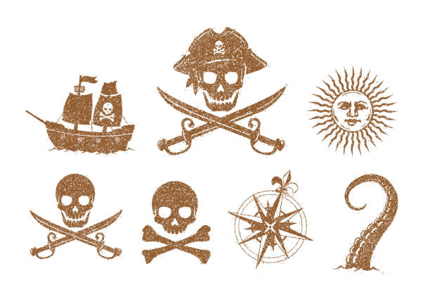 piraten flache illustration set / grunge textur (schädel, anker, vulkan, schiff, kompass, sonne, kraken etc.) - skull dirty insignia grunge stock-grafiken, -clipart, -cartoons und -symbole