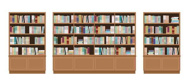 本でいっぱいの本棚が3冊。白い背景に隔離されています。教育図書館と書店のコンセプト。 - bookshelf book reference book choosing点のイラスト素材／クリップアート素材／マンガ素材／アイコン素材