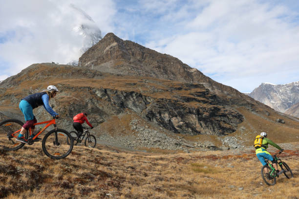 istock Mountain bikers ride through alpine grasses below the Matterhorn mountain 1159859349