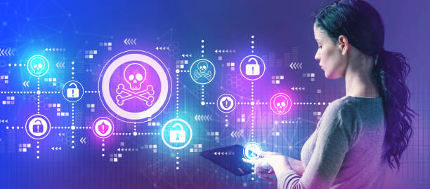 istock Virus and scam theme with woman using a tablet 1159859684