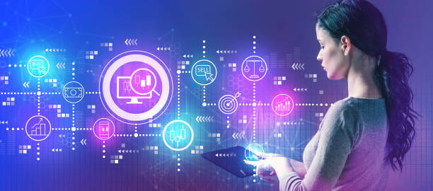 istock Stock trading concept with woman using a tablet 1159859685