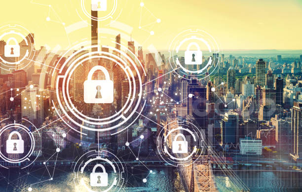 istock Cyber security theme with New York City 1159860825