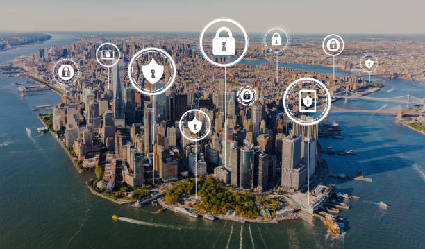 tema sicurezza informatica con vista aerea su manhattan - personal map foto e immagini stock