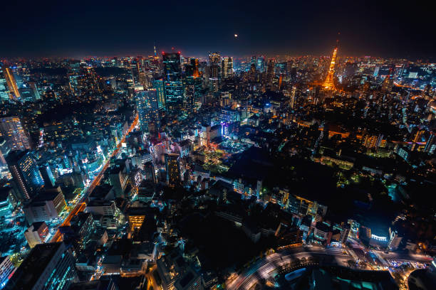 widok z lotu ptaka na tokio, japonia - tokyo prefecture building exterior high angle view tokyo tower zdjęcia i obrazy z banku zdjęć