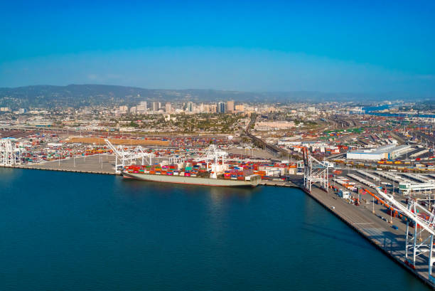 istock Oakland Harbor port terminal with shipping containers 1159860857