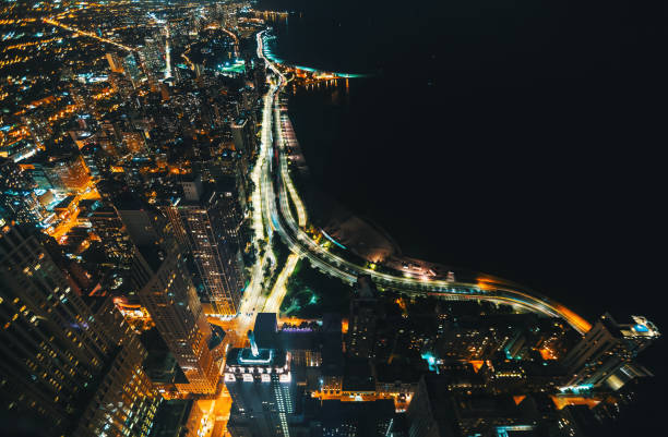 istock Chicago streets along Lake Michigan at night 1159860939