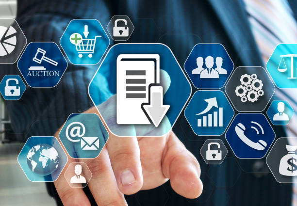 istock The businessman chooses Document management system, DSM on the virtual screen in social network connection. 1159861394