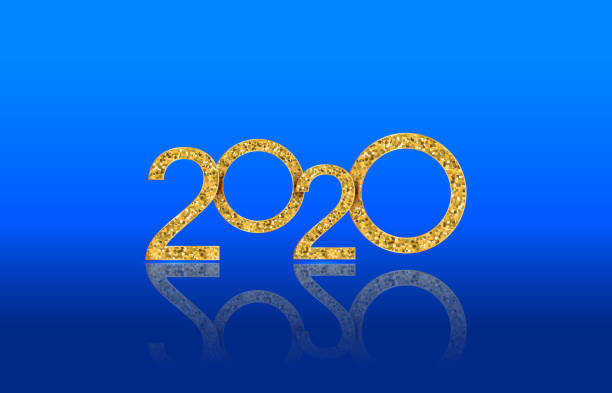 istock Happy New Year 2020 text with luxury golden numbers isolated on blue glossy background. Design element for holiday banner, poster, invitation or greeting cards template. Copy space 1159864870