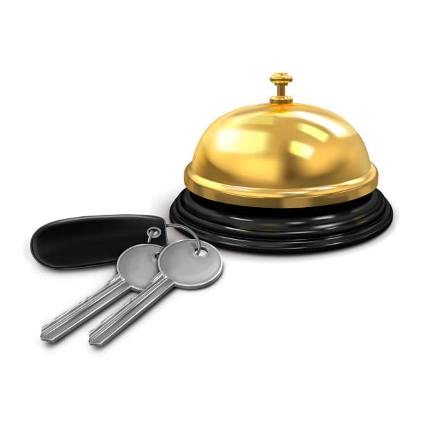 istock Vector. Mock Up. Two silver keys with a black keychain from the hotel room and hotel service bell gold color. Vector illustration isolated on white background 1159865210