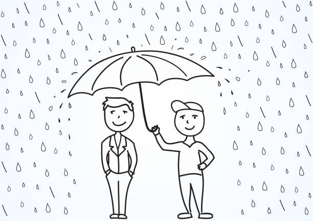 ilustraciones, imágenes clip art, dibujos animados e iconos de stock de sketch vector ilustración, dos hombres de dibujos animados bajo el paraguas - umbrella men business businessman