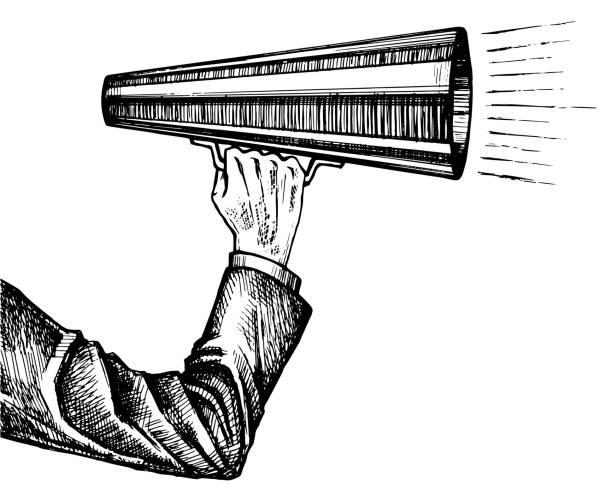 Megaphone in hand sketch Business man holds in his hand and speaks into a Bullhorn or megaphone, loudspeaker. Hand Drawn sketch on retro vintage engraving imitation. Vector Illustration isolated on white hand holding microphone icon stock illustrations