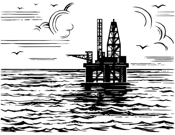 platforma naftowa w szkicu morskim - construction platform sea drill mining stock illustrations