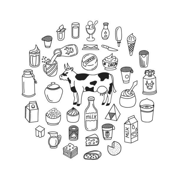 ilustraciones, imágenes clip art, dibujos animados e iconos de stock de set de doodle de leche y productos lácteos - butter dairy product yogurt milk