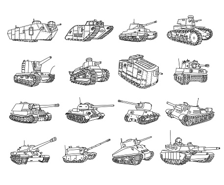 Vector military tanks doodles set.