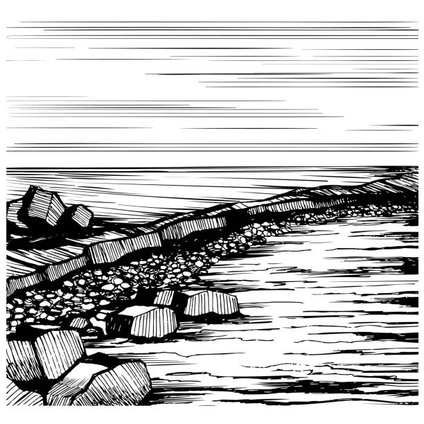 ilustrações, clipart, desenhos animados e ícones de praia do seascape, esboço do vetor - illustration and painting stone beach cliff