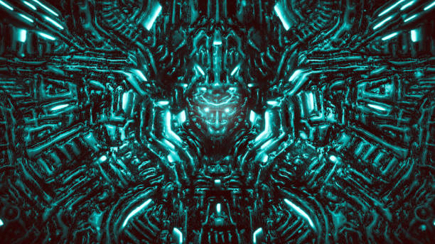 istock Electronic wall with bas-relief and protruding robot head. Marine color. 1159868229