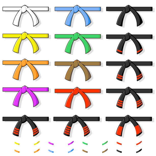 Martial Arts Belts Vector Illustration of various Martial Art belts - suitable for virtually any style. The tips can be added to each belt if needed. All grouped for easy isolation or editing. judo stock illustrations