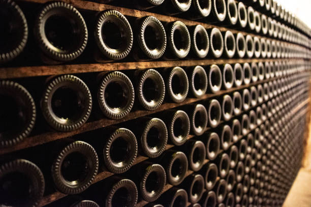 wine bottles in rows - wine cellar wine bottle grape imagens e fotografias de stock