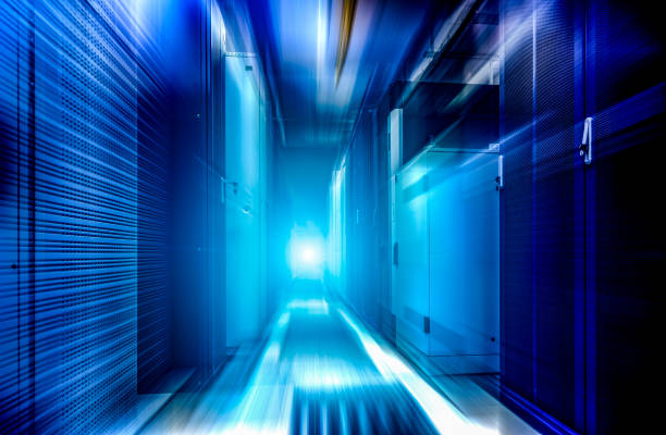 istock Big data storage center server room motion blur futuristic background 1159876016