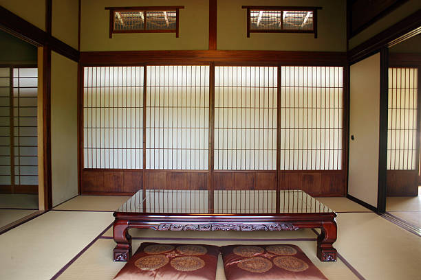 traditional japanese interior traditional interior design of a japanese dining room zabuton stock pictures, royalty-free photos & images