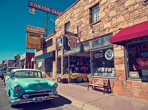 September 30, 2017, Williams, Coconino County, Arizona, United States. Historic and mythical Route 66 of the United States, this small vintage town, forms part of it. Blue vintage car, on Route 66,