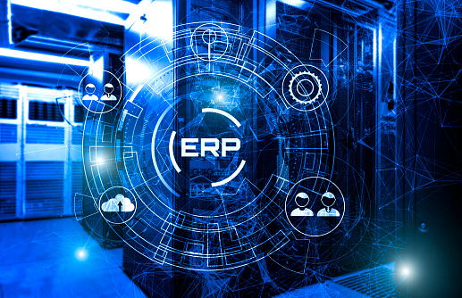 Enterprise Resource Planning ERP system. Innovative business software for integration and organization, human resource and financial management. 3d render plexus blue tone background