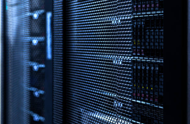 Big data server rack with hard drives close up stock photo