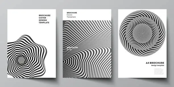 Vector illustration of Vector layout of A4 format modern cover mockups design templates for brochure, magazine, flyer, booklet, report. Abstract 3D geometrical background with optical illusion black and white design pattern