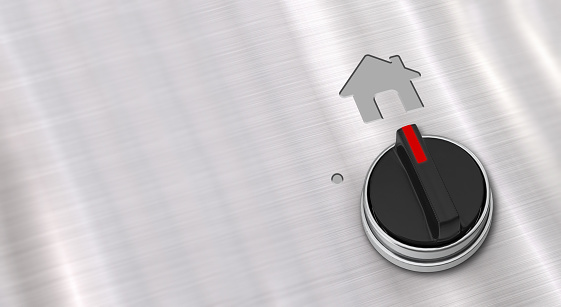 3D Knob object turned to house icon on shiny chrome metal background with large copyspace.