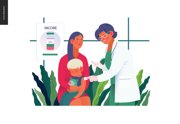 illustrations, cliparts, dessins animés et icônes de modèle d'assurance médicale - vaccination des enfants - une seule femme