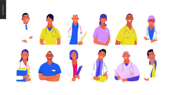 Medical insurance template -best doctors Medical insurance -best doctors -modern flat vector concept digital illustration - medical specialists - doctors and nurses portraits, team of doctos concept, medical office or laboratory paramedic stock illustrations