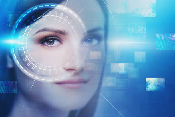 istock Young woman with HUD interface and virtual screens 1159885173