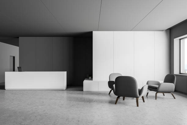 istock Gray and white reception hall and lounge 1159886374