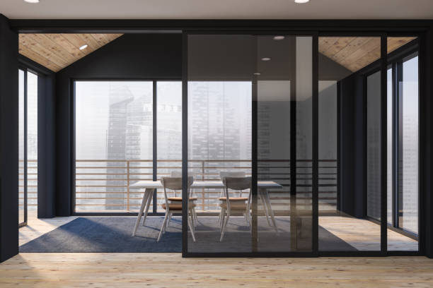 istock Dinning room interior with huge windows and great city view. 1159886523