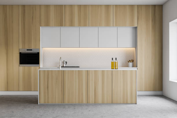 istock Wooden kitchen interior with island 1159887092