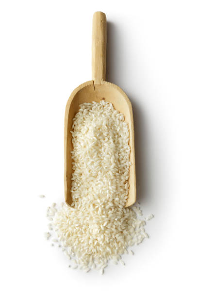 穀物:白い背景に隔離されたスクープの米 - clipping path rice white rice basmati rice ストックフォトと画像