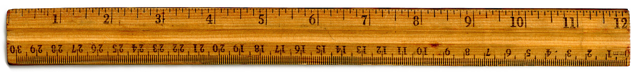 Old wooden 12 inch ruler with inch and centimeter markings.