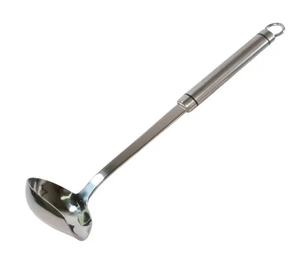 Stainless steel sauce ladle with pouring spout isolated on white background.