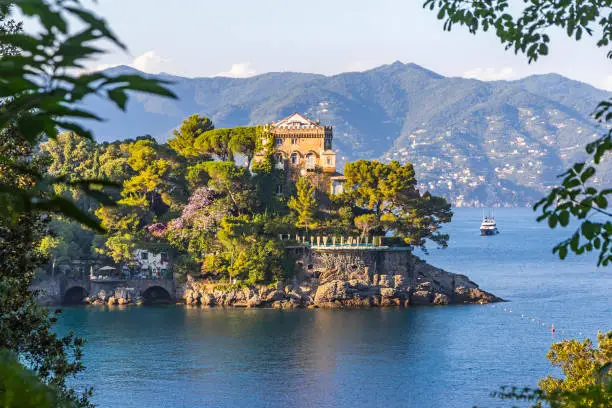 Beautiful natural view of the Bay of Paraggi in Santa Margherita Ligure, Mediterranean seacoat near luxury sea resort Portofino, Italy
