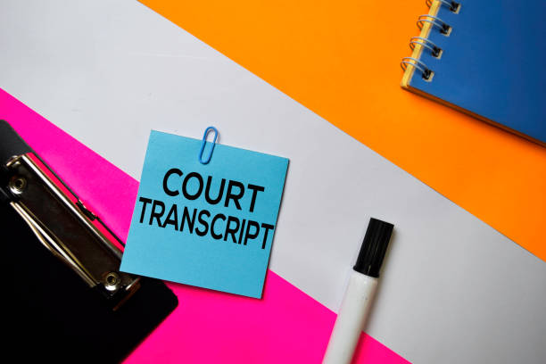 Court Transcript text on sticky notes with color office desk concept stock photo