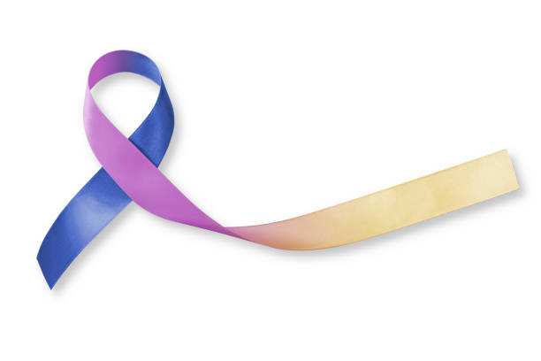 Bladder cancer awareness marigold blue purple  ribbon isolated white background (clipping path) Bladder cancer awareness marigold blue purple  ribbon isolated white background (clipping path) squamous cell carcinoma photos stock pictures, royalty-free photos & images