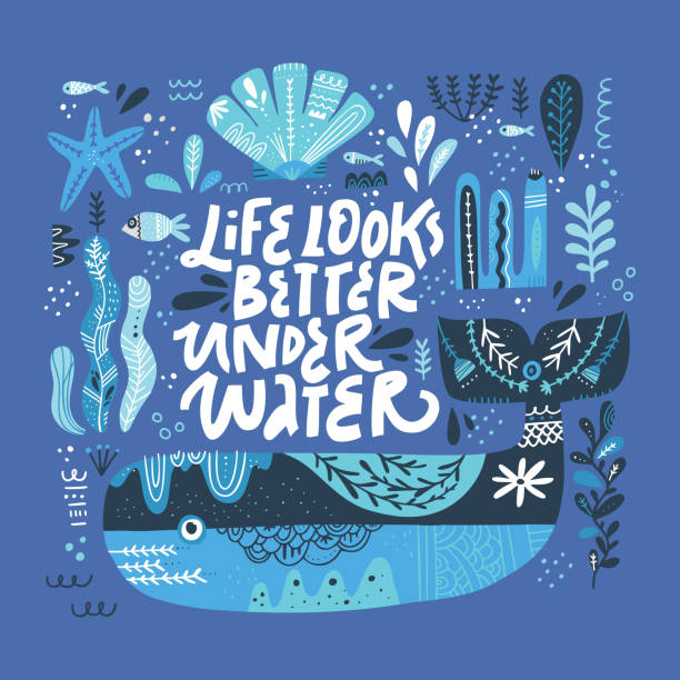 Diving fans stylized lettering for t-shirt print Diving fans stylized lettering for t-shirt print. Life looks better underwater hand drawn message. Scuba diving, snorkeling club promo poster, badge design. Scandinavian style whale, marine life undersea stock illustrations