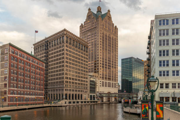 Milwaukee Riverwalk in spring. Downtown Milwaukee, Wisconsin, USA.