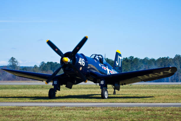 Vintage F4U Corsair Birmingham AL USA - October 13, 2018 : Vintage F4U Corsair WWII fighter aircraft at a public event. In the picture the propeller airplane taxing slowly in front of general public. Even the tree line also visible in the picture. The vintage airplane perform at various public events for years now. p51 mustang stock pictures, royalty-free photos & images