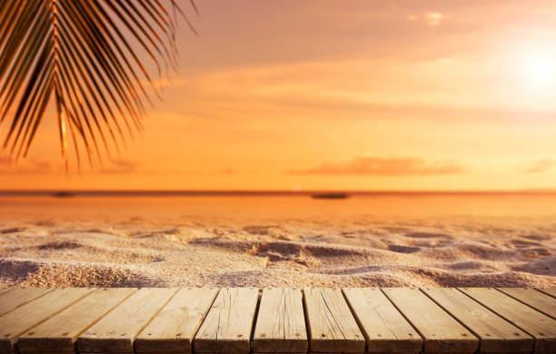 passerella in legno sulla spiaggia del tramonto - beach sunset sand wood foto e immagini stock