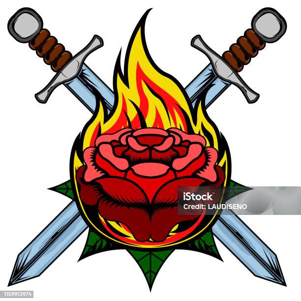 Tattoo Of A Rose With Flame And Swords Stock Illustration - Download Image  Now - Abstract, Art, Backgrounds - iStock
